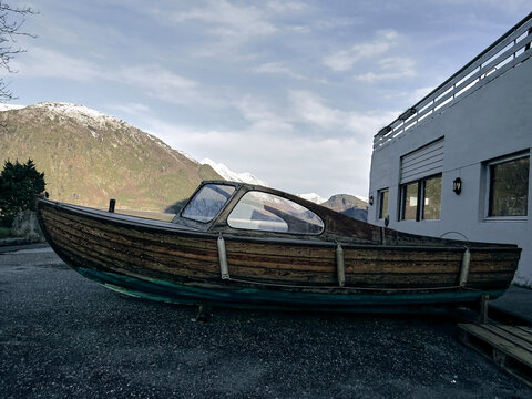 Norwegian wooden boat in near plan