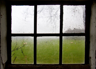 Raindrops on window. View though a stable window with bars on a meadow with sheep.