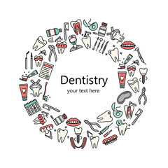 Template with line dentistry icons. Dental flat vector elements.