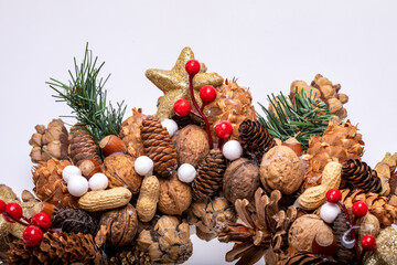 Christmas decorations with pine cones and nuts