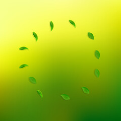 Falling green leaves. Fresh tea random leaves flying. Spring foliage dancing on yellow green background. Alluring summer overlay template. Memorable spring sale vector illustration.