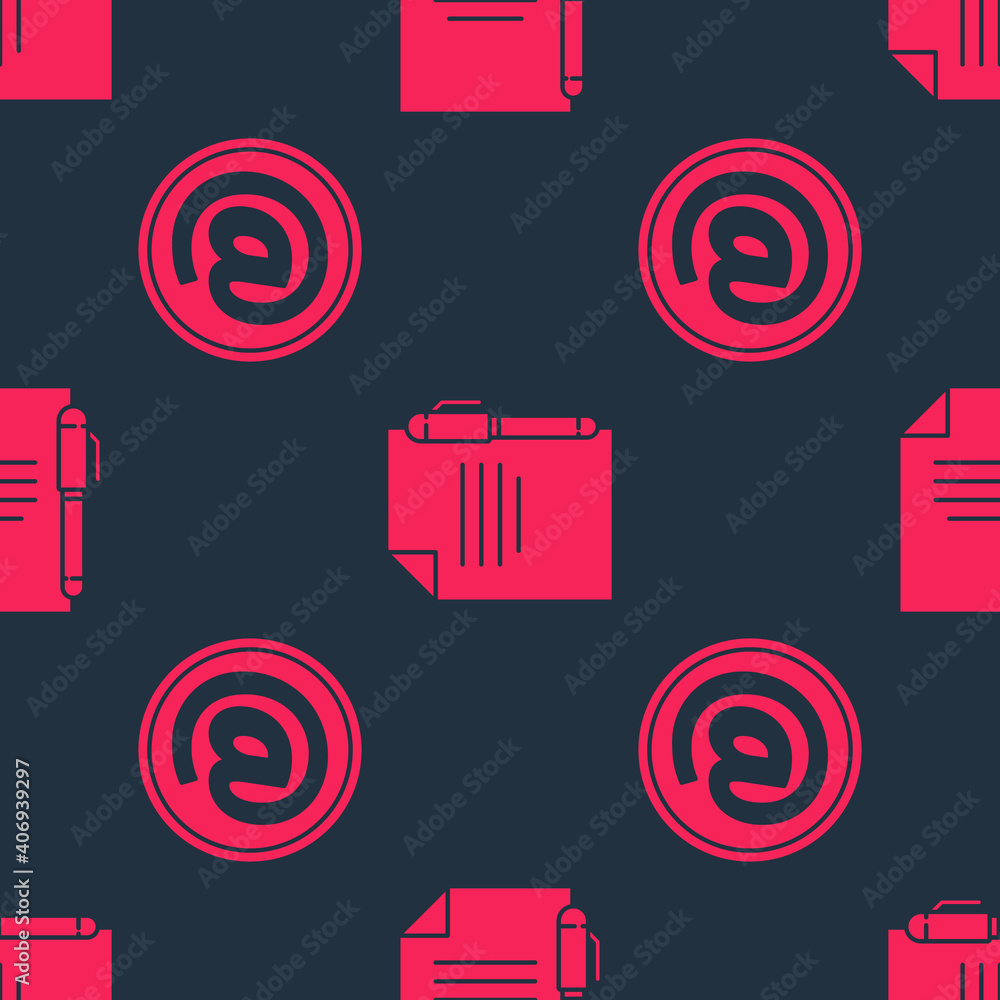 Aufkleber set mail and e-mail and document and pen on seamless pattern. vector.