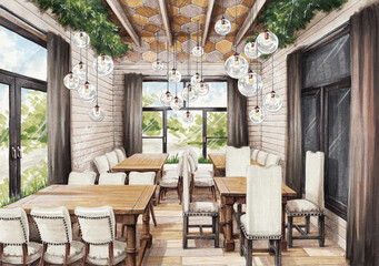 Fototapeta na wymiar interior sketch of restaurant in eco style wood natural materials
