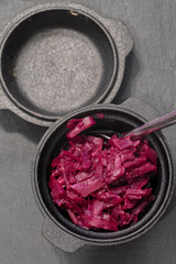 Red Cabbage in a cast iron dish pot.  With selective colour
