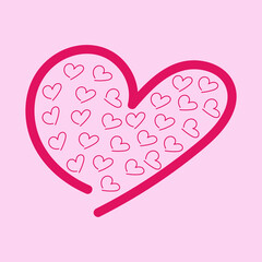 Vector doodle illustration with creative pink hearts for Valentine's Day, wedding, dating on a light pink background. Design element for postcard, wallpaper, wrapping paper, print, textile, poster.