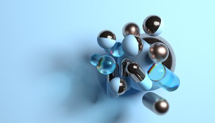 Group of spheres and capsules, glass, metal and rough material. Abstract composition. 3D render / rendering.
