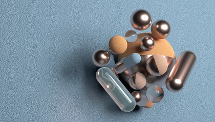 Group of spheres and capsules, glass and rough material. Abstract composition. 3D render / rendering.
