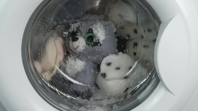 Teddy in washing machine. A view of a plush toys washing in the machine in the room.