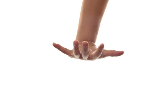 Hand Of A Person Pressing Down Gesture, Side View, Isolated Cut Out On White