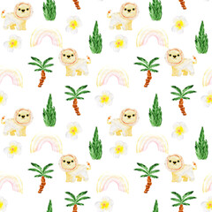 Watercolor pattern with a lion. Seamless texture with African animals. Children's illustration.