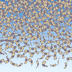 Chinese yuan notes falling. Small CNY bills on blue sky background. China money. Elegant vector illustration. Likable jackpot, wealth or success concept.