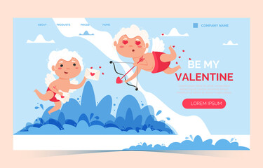 Valentine Cupid love angel landing page. Cute boy or girl cupid. Flying angel