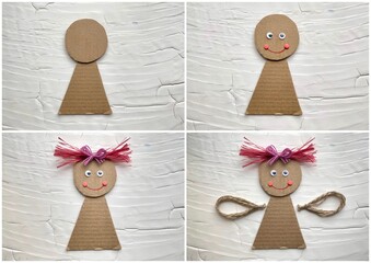 Step by step, lesson homework applique doll made of cardboard.