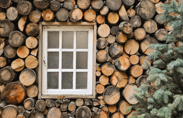 Composition of wooden window and Chrismatst tree. Winter scene.