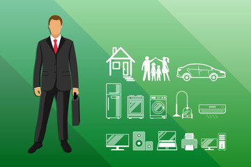 A businessman in a business suit. Issuing loans, deposits, loan money. Vector