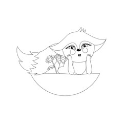 Isolated black outline cartoon friendly fox cub on white background. Happy friendly fox lie on glade and dream. Curve lines. Page of coloring book.