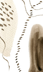Watercolor abstract hand drawn illustration with sepia and umbra textured shapes, lines and dots. Sepia and umbra picture on the white background, portrait orientation.