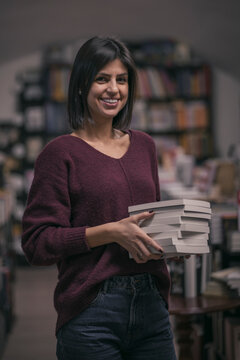 Portrait Of Beautiful Woman Bookshop Owner. Successful Independent Businesswoman, Owner Of A Book Shop