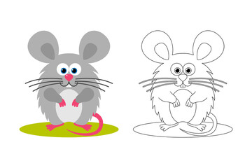 Isolated black outline and colorful cartoon sitting mouse on white background. Line art. Page of coloring book.