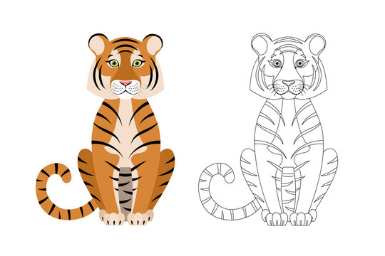 Isolated black outline and colorful cartoon sitting friendly tiger on white background. Animal funny personage. Flat design. Line art. Page of coloring book.