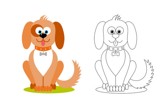 Isolated black outline and colorful cartoon sitting dog on white background. Line art. Page of coloring book.