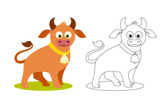 Isolated black outline and colorful cartoon standing bull on white background. Page of coloring book. Line art.