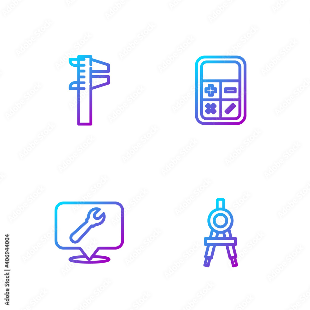 Poster set line drawing compass, location with wrench spanner, calliper or caliper and scale and calculator