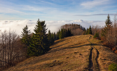 Mountains Landscape with Inversion in the Valley at Sunset, Slovakia