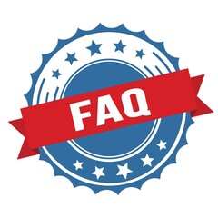 FAQ text on red blue ribbon stamp.