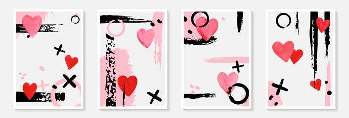 Creative minimalist hand draw Abstract art background with stain and shape, brush strokes, red watercolor hearts. Design for poster or brochure, greeting card and invitation of wedding, Valentine day.
