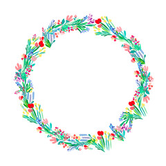 Floral wreath on white background. Bright colorful spring flowers. Vector floral frame template.
