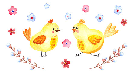 Watercolor Easter illustration with Easter chickens, flowers and willow twigs. Greeting card with cute chickens for the holidays, packaging, presents.
