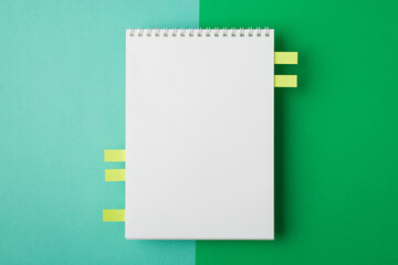 Overhead above close up flat lay view photo of clear spiral notebook with memo stickers isolated...