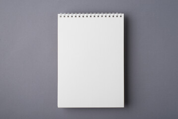 Above overhead close up flat lay mock up view photo of clear spiral notepad with copy space for design isolated grey desk