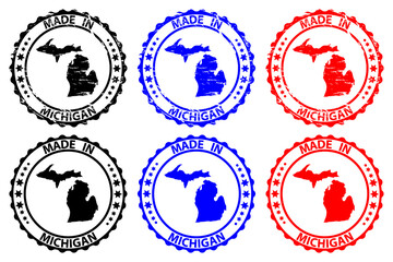 Obraz premium Made in Michigan - rubber stamp - vector, Michigan (United States of America) map pattern - black, blue and red