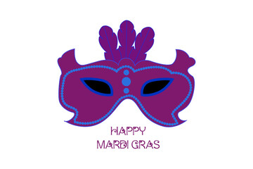 mardi gras carnival party design with purple mask with feathers. Fat tuesday, carnival, festival. Vector isolated on white background. For greeting card, banner, gift packaging, poster. 
