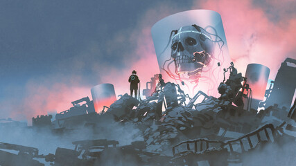 a scientist creating a giant creature in the destroyed lab, digital art style, illustration painting © grandfailure