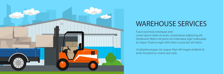 Warehouse on the background of the city banner , forklift truck and lorry with boxes , transportation and cargo services and storage, vector illustration