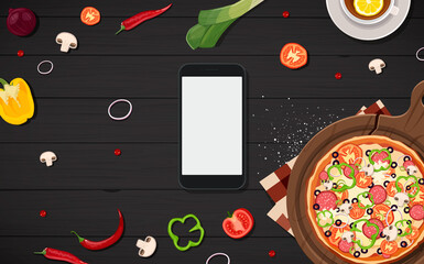 Table with food, break for food, work on the table, vegetables, pizza with coffee. View from above. 
Phone template