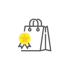 Shopping quality badge line icon. linear style sign for mobile concept and web design. Shop bag and quality guarantee outline vector icon. Symbol, logo illustration. Vector graphics