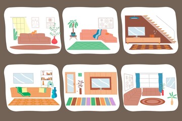 Set of cartoon stylized apartment interiors with furniture. Cozy living room with sofa and TV, bedroom with bed and wardrobe, kitchen, hallway, windows. Vector flat illustrations on white background.