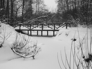 Wooden bridge over a small, frozen river on the background of snow drifts and bare tree branches, black and white photo. Winter day in the countryside. - Powered by Adobe