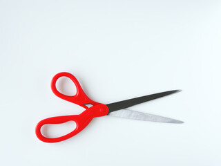 Red scissors (Top view), Isolated on white background with copy space.