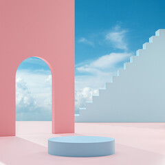 Podium stand on a peach background with blue sky and clouds on a sunny day 3d render 