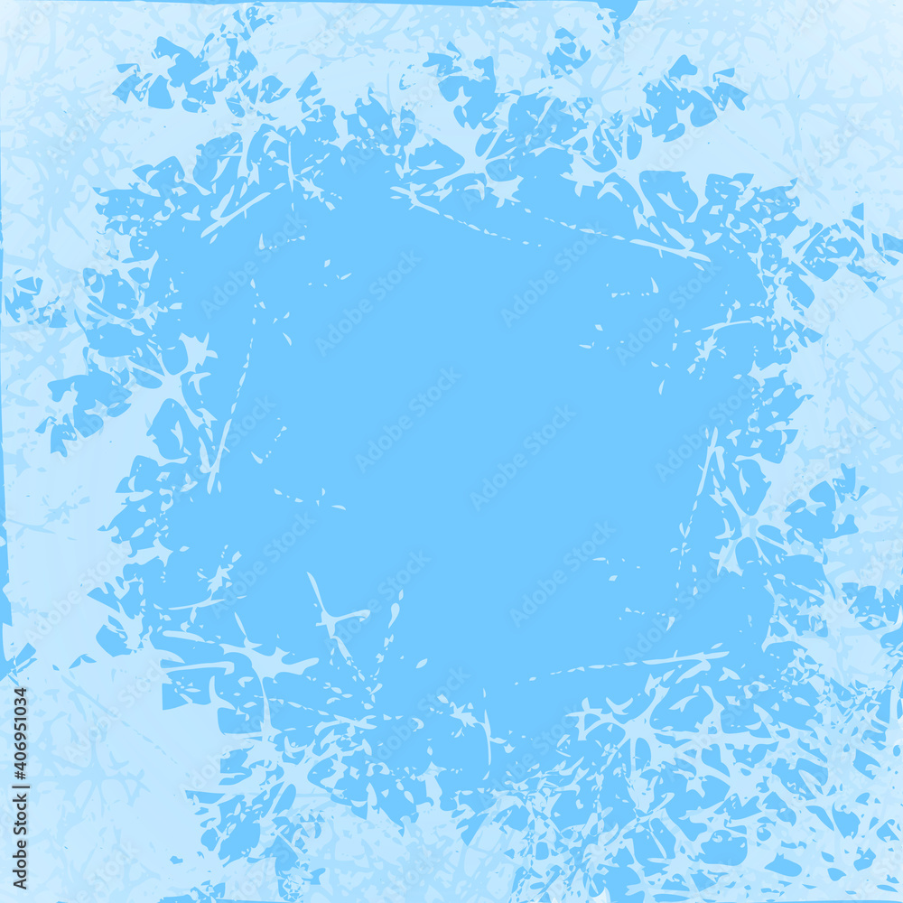 Poster blue frosted window. snow frame with frosty patterns. design modern jpeg illustration