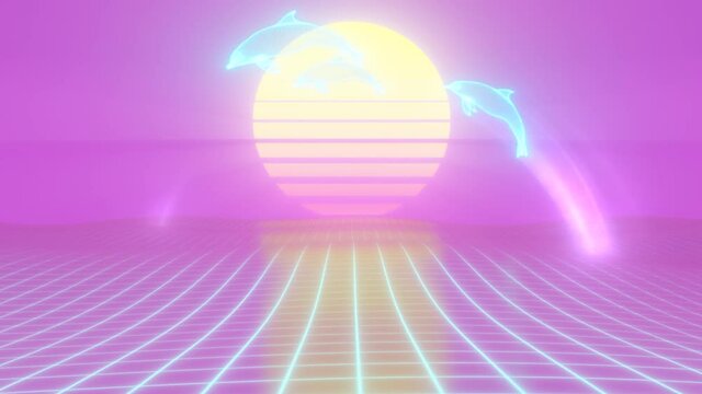 Aesthetic Vaporwave Dolphins Jump Over CGI Retro 90s Sun Grid Ocean - 4K Seamless VJ Loop Motion Background Animation