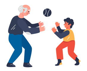 Kid and senior man throwing the ball. Flat design illustration. Vector