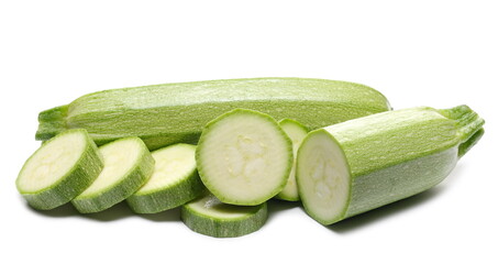 Chopped zucchini slices isolated on white background