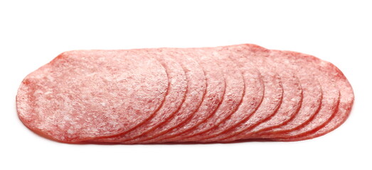 Salami slices for sandwich isolated on white background, round fermented red meat pieces