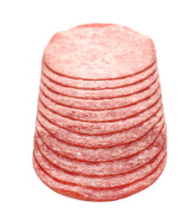 Salami slices for sandwich isolated on white background, round fermented red meat pieces